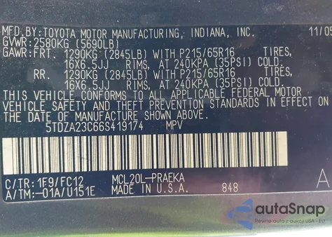 2006 Toyota Sienna Le z USA, uszkodzony, nr VIN 5TDZA23C66S419174